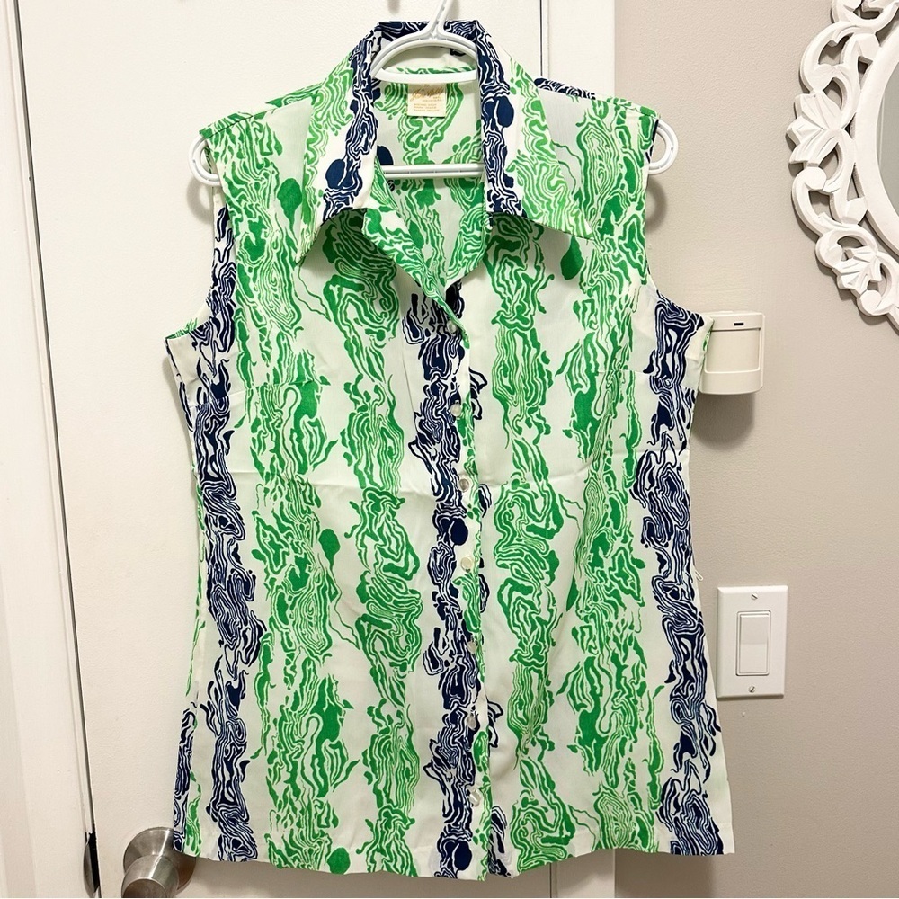 Jane Holly Vintage 70s Blouse Green Blue Abstract Print Sleeveless Top 16 Union